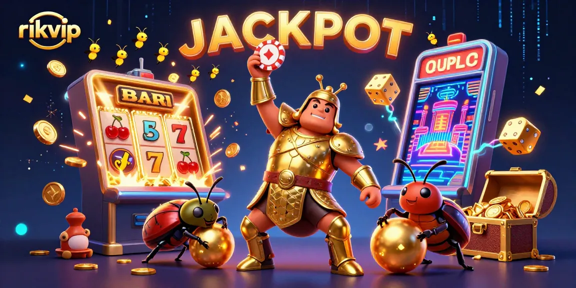 Experience thrilling jackpots with rikvip's cartoon beetle heroes in an exciting casino scene.