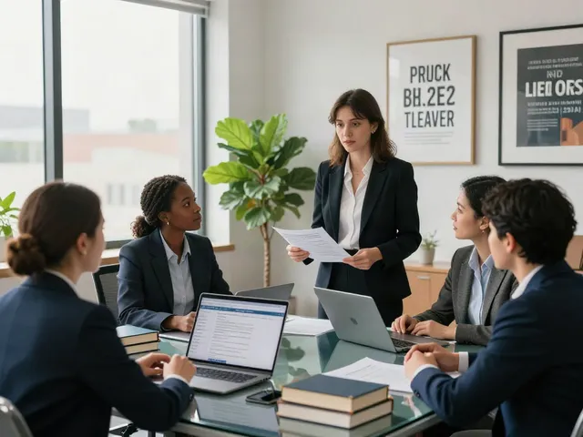 Diverse legal team collaborating on case files at Lead Roedl's modern office.