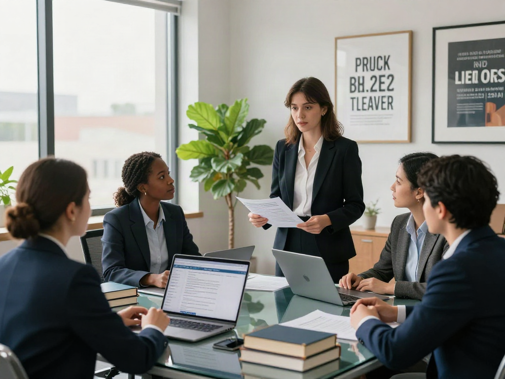 Diverse legal team collaborating on case files at Lead Roedl's modern office.