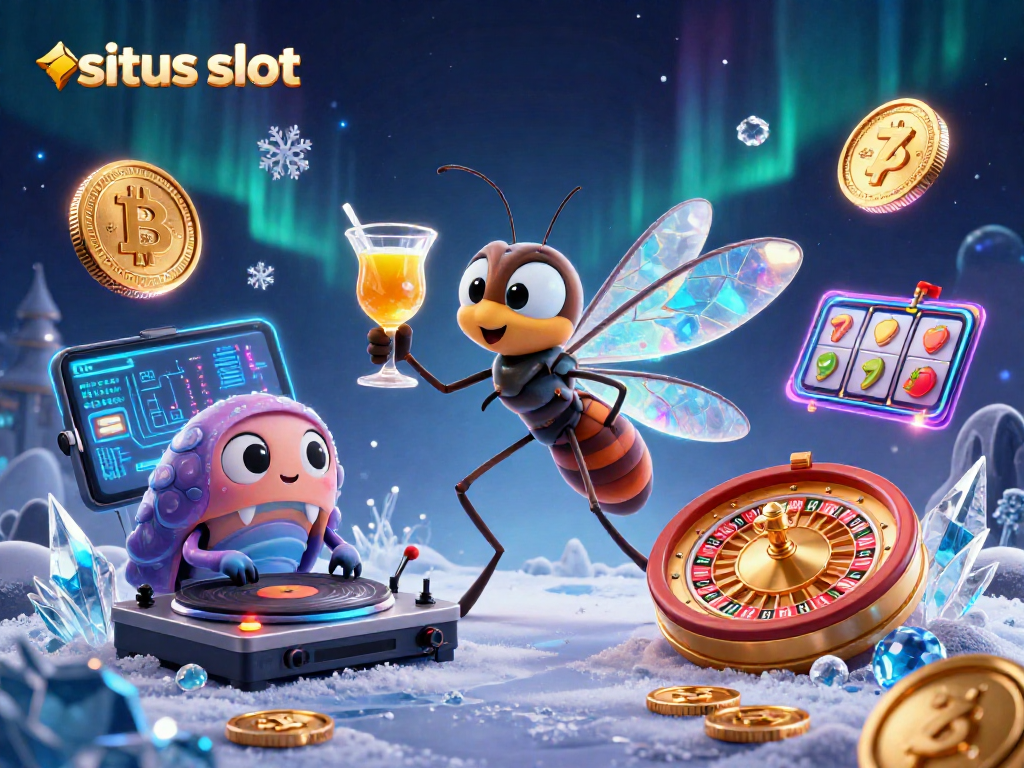 Engage in situs slot adventures with vibrant 3D casino characters, including a frozen mosquito and trilobite DJ.