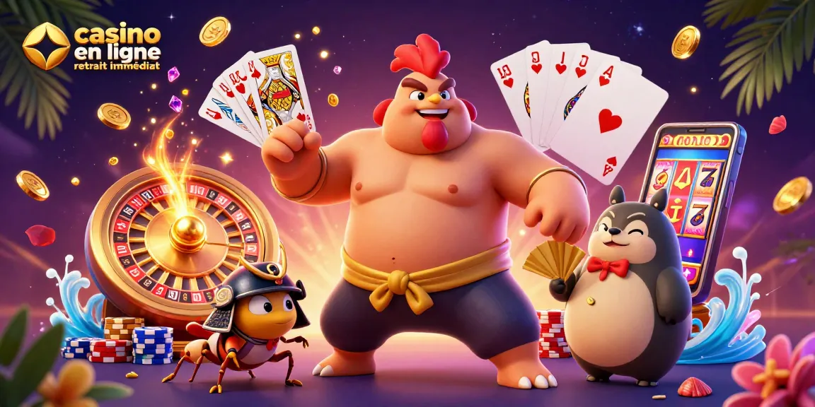 Jouez dans un casino en ligne retrait immédiat avec une ambiance festive et des personnages colorés.