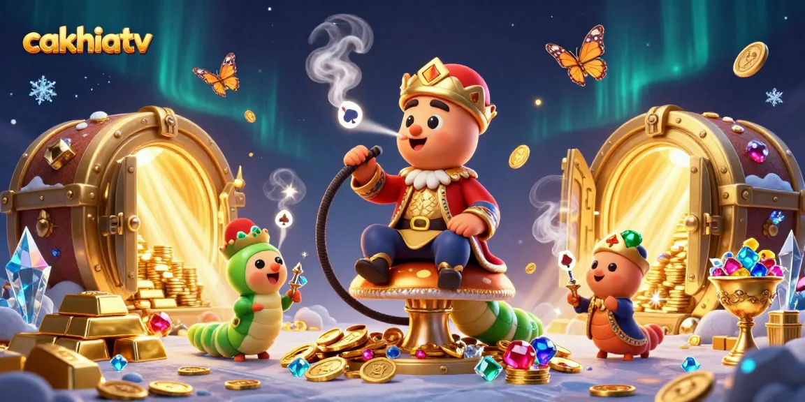 Experience exciting gameplay on cakhiatv with the enchanting caterpillar and treasure-filled scene of poker and gems.