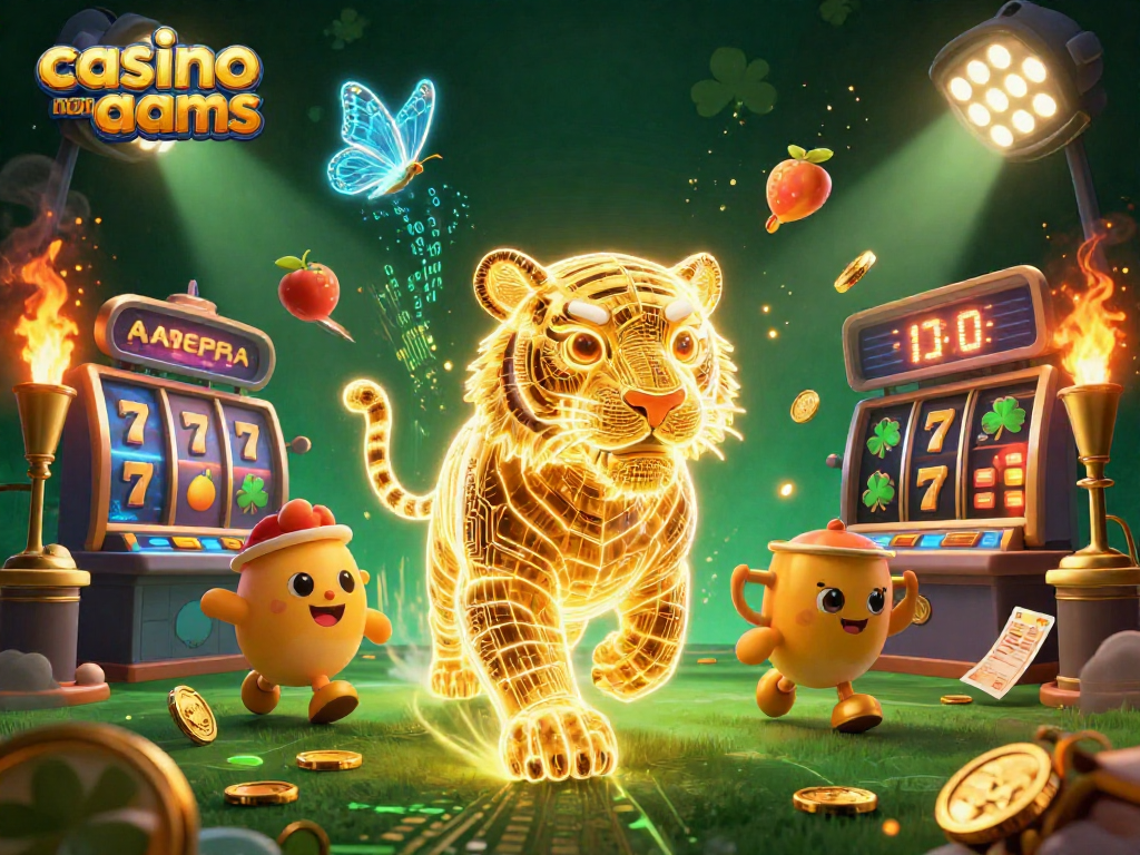Immagine del casino non AAMS con un tigre d'oro e slot machine, simboli di frutta e trofei d'oro.