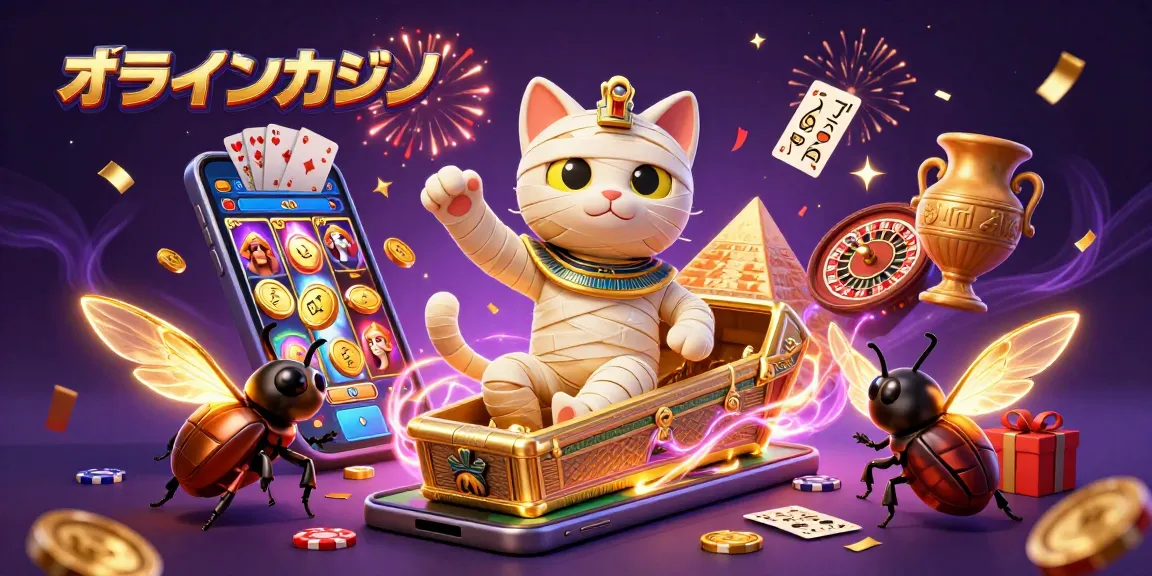 オンラインカジノで冒険するミイラ猫と甲虫のイラスト、スロットゲームやルーレットが漂うシーン