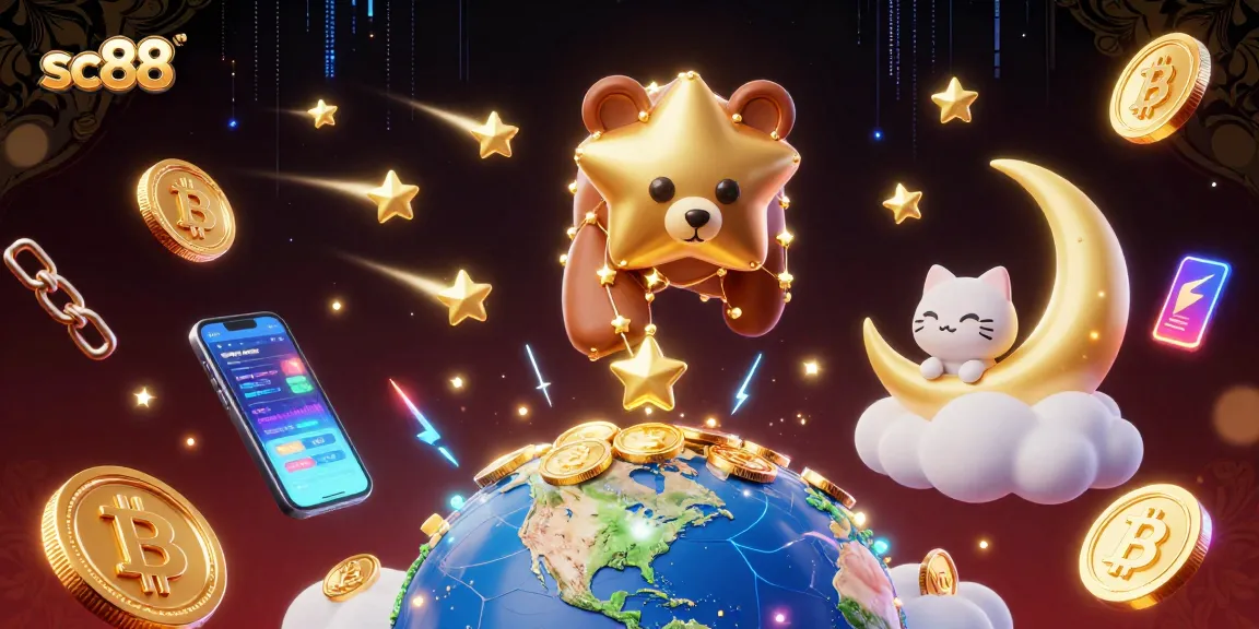Engage with sc88's vibrant casino illustration featuring gold coins, a constellation bear, and crypto symbols.