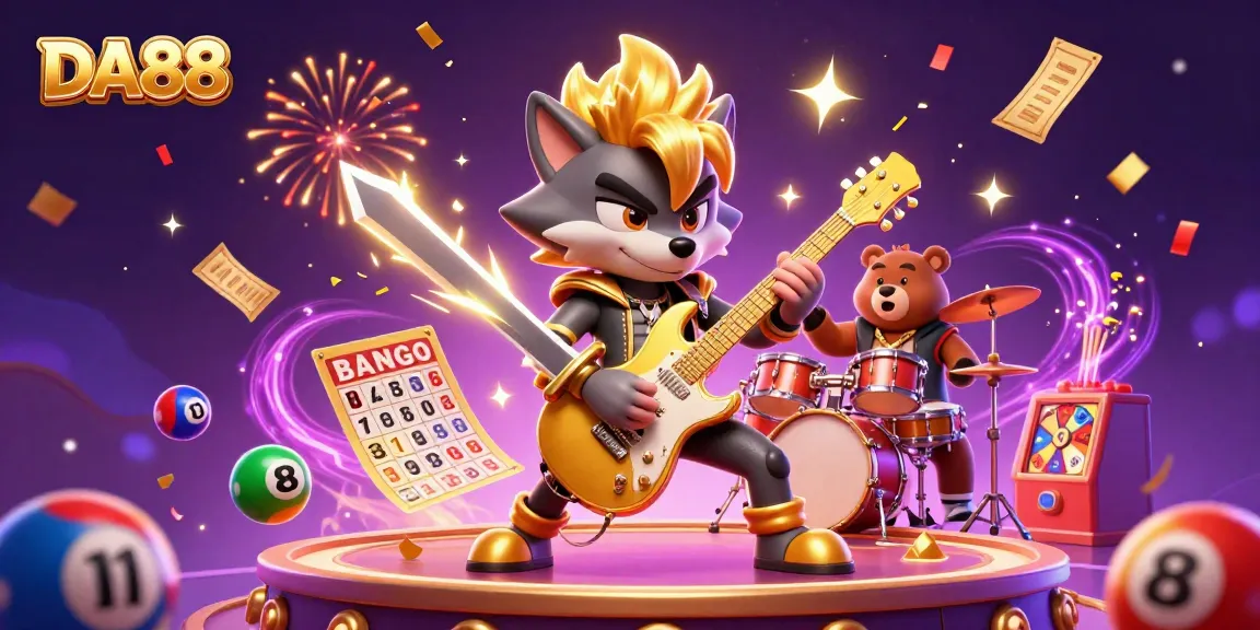 Engage with DA88 in a lively casino scene featuring a rock star wolf, colorful lottery balls, and casino excitement.