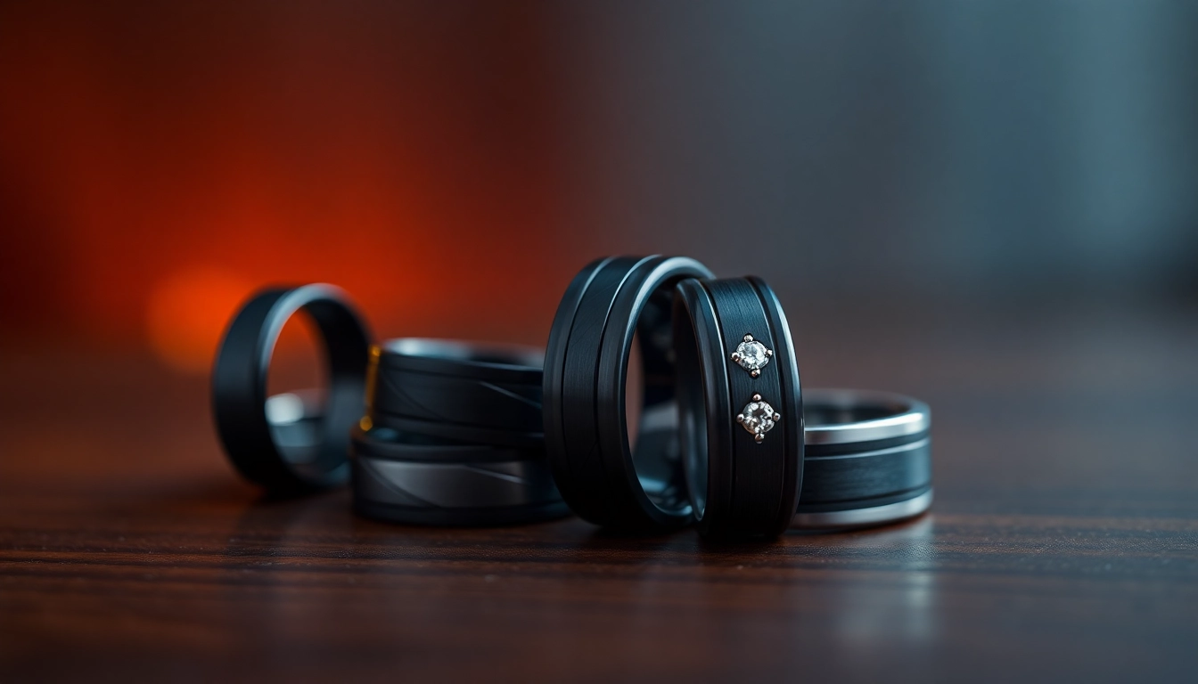 Showcase of dark mens wedding bands featuring detailed textures and modern designs.