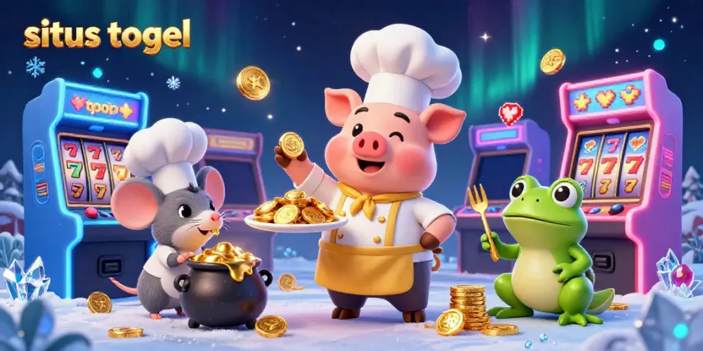 Engage in situs togel with a lively scene of a chef pig, sous-chef mouse, and critic frog among colorful gaming elements.