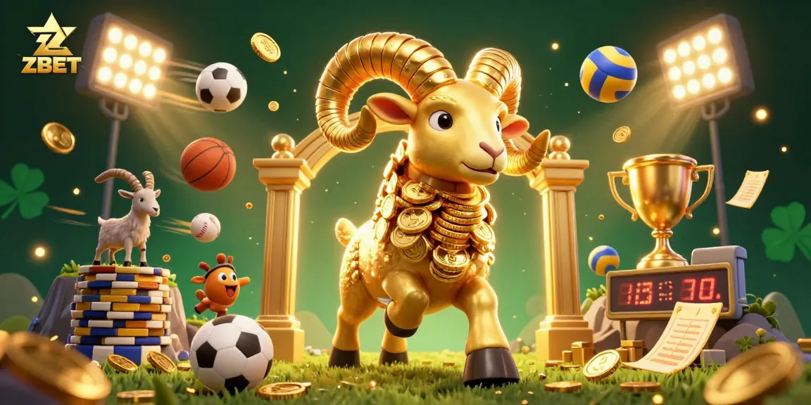 ZBET players enjoying a thrilling casino experience with golden ram and sports elements in a vibrant image.