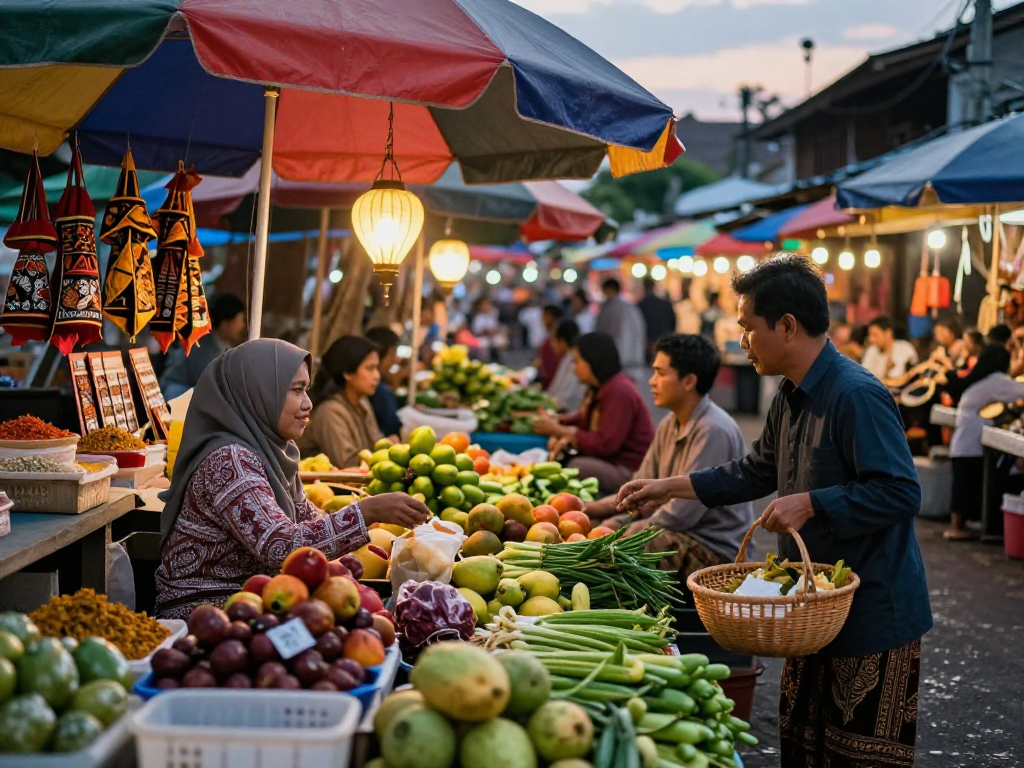 Pasar tradisional dengan penjual delapantoto dan pembeli memilih buah segar.