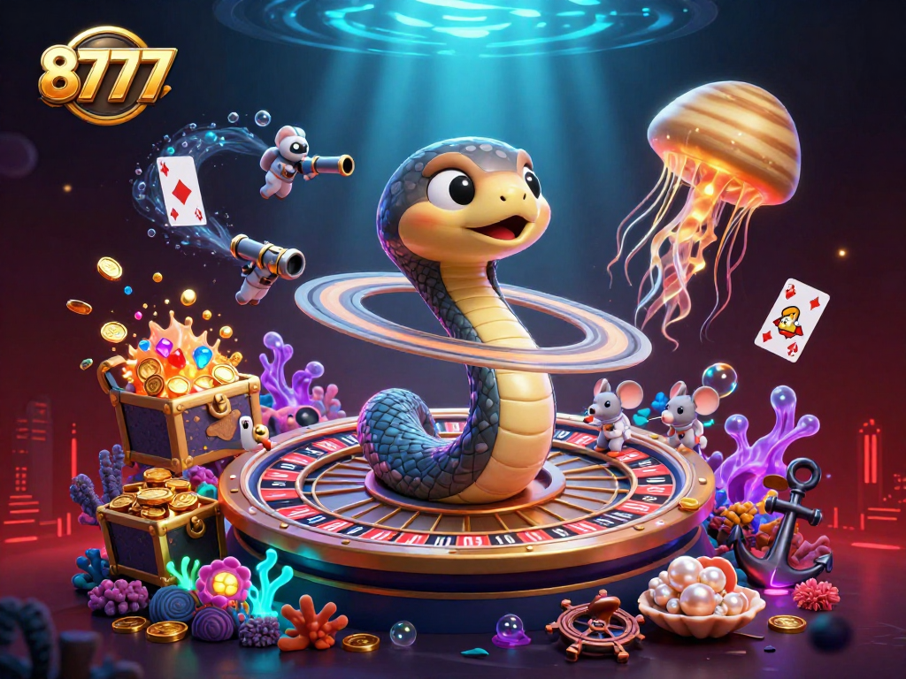 Experience thrilling bets with 8777 as animated mice wager on a cosmic roulette in an underwater casino.