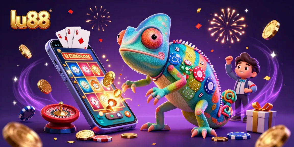 Engage in thrilling gameplay at lu88 with a colorful chameleon owner amid casino games and celebrations.