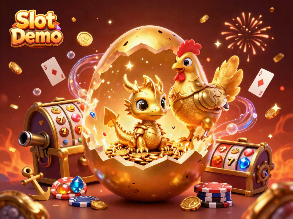 Spin the Slot Demo featuring a golden dragon, poker chips, and vibrant game elements in a dynamic casino scene.