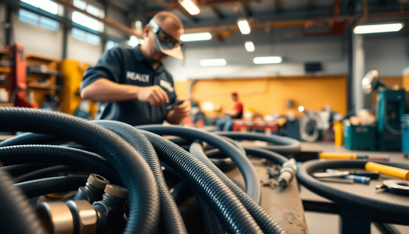 Technician performing hydraulic hose repair with precision tools in a well-equipped workshop.