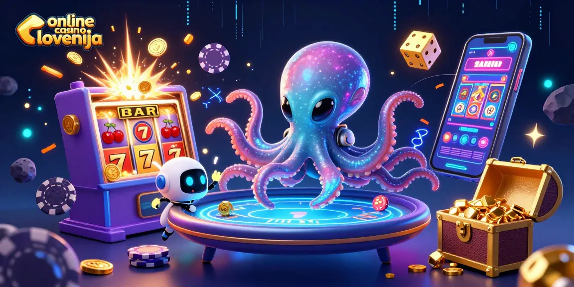 Online casino slovenija prikazuje vesoljskega oktopusa in robota pri igranju iger na srečo.