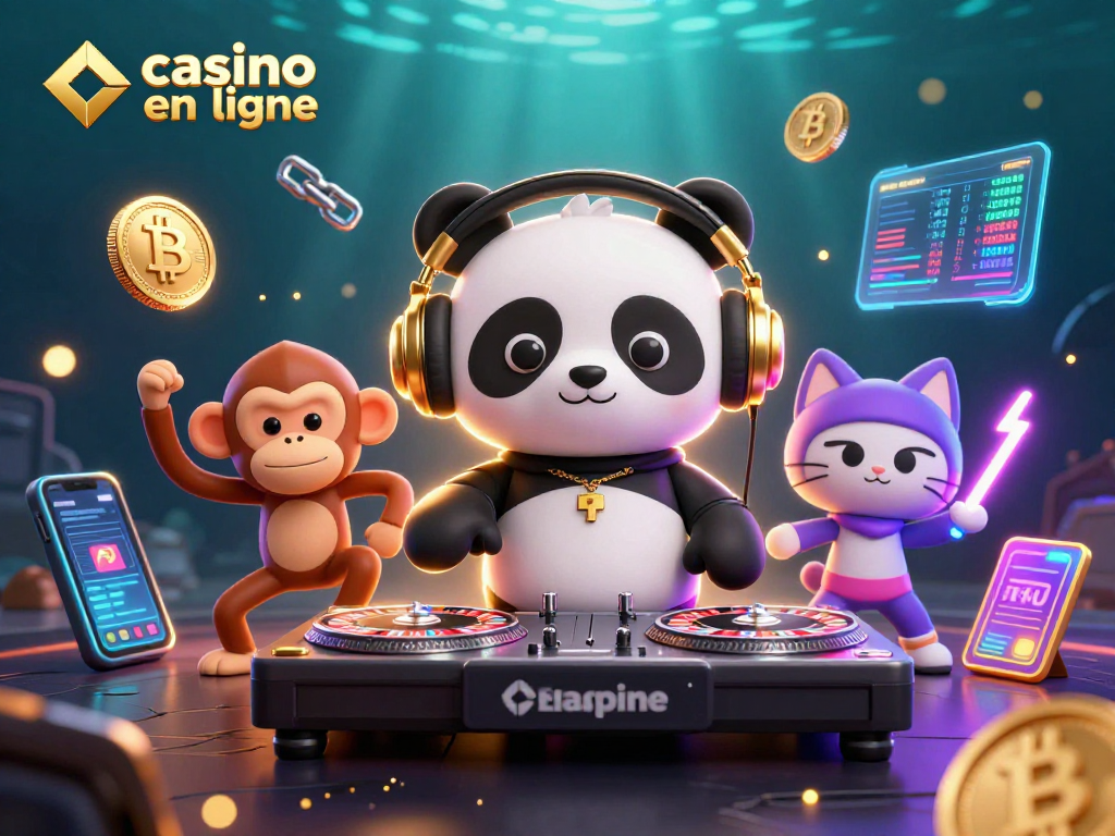 Jouez au casino en ligne avec cette illustration dynamique présentant un panda DJ et des éléments crypto.