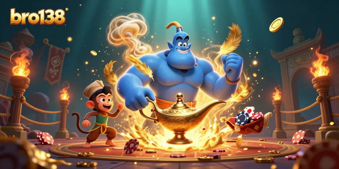 Experience thrilling gameplay at bro138 with a vibrant illustration featuring a genie and poker chips.