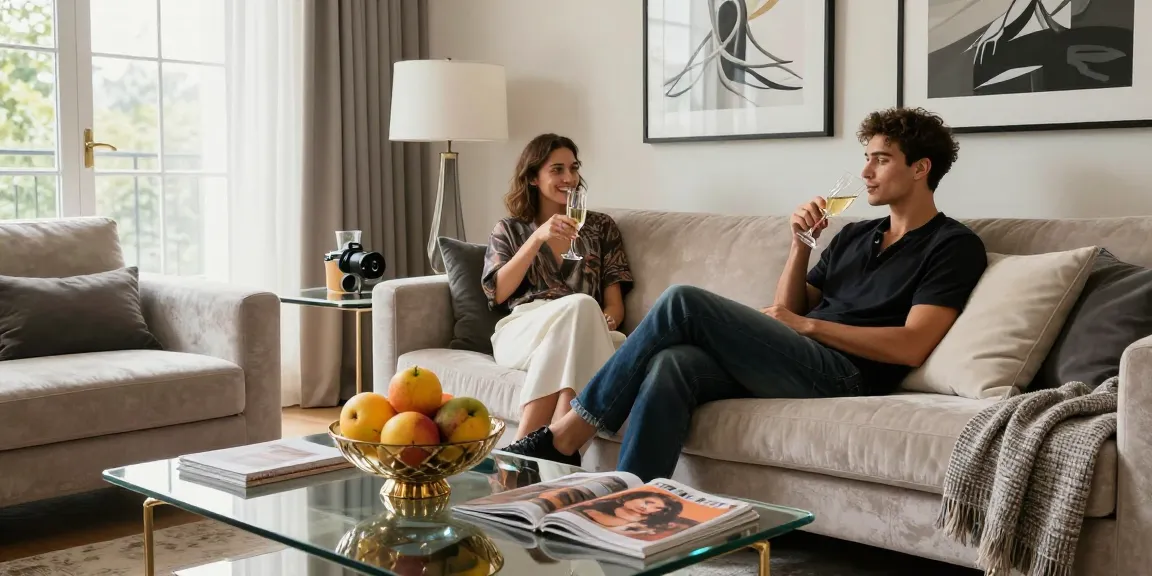 Gaya hidup mewah luxury111 dengan pasangan menikmati champagne di ruang tamu bergaya modern