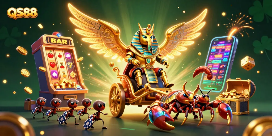 Experience thrilling gaming in QS88 with a vibrant scene featuring a golden scarab and exciting casino elements.