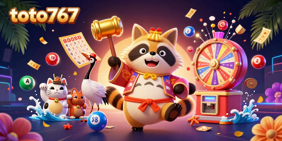 Memenangkan permainan dengan toto767, menampilkan karakter kartun pikun, jutaan bola lotere berwarna-warni.