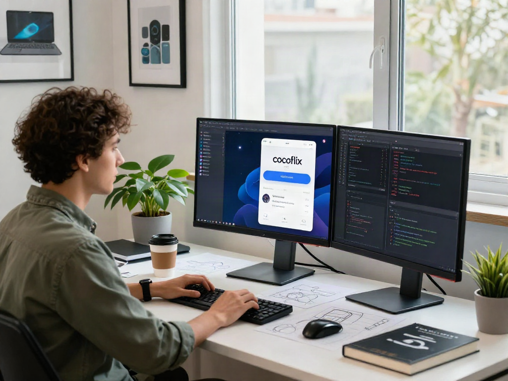 The cocoflix app showcased in a modern mobile development workspace.