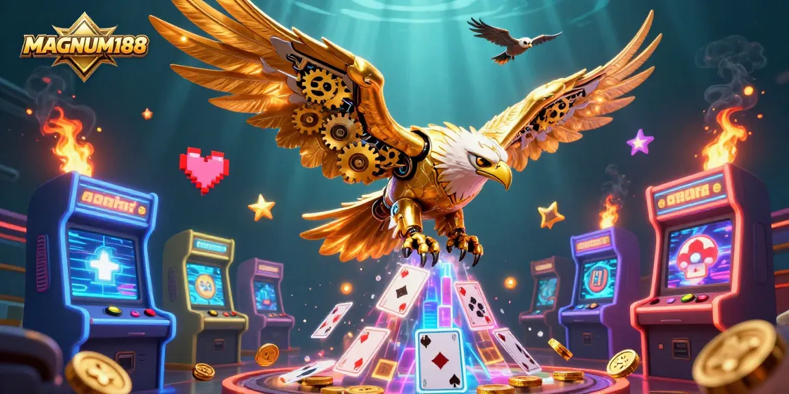 Experience the thrilling action of MAGNUM188 with a cybernetic eagle amidst holographic cards and game elements.