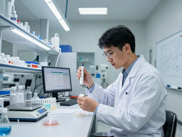 Scientist preparing klow80 peptide blend in a modern lab, showcasing precision and focus.