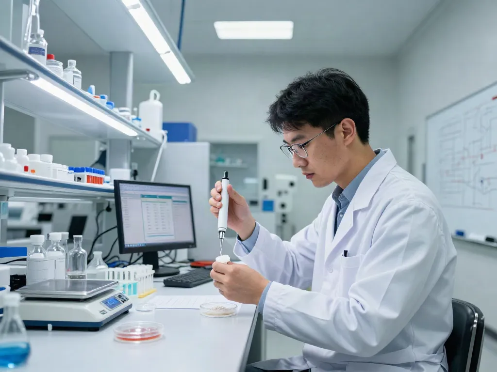 Scientist preparing klow80 peptide blend in a modern lab, showcasing precision and focus.