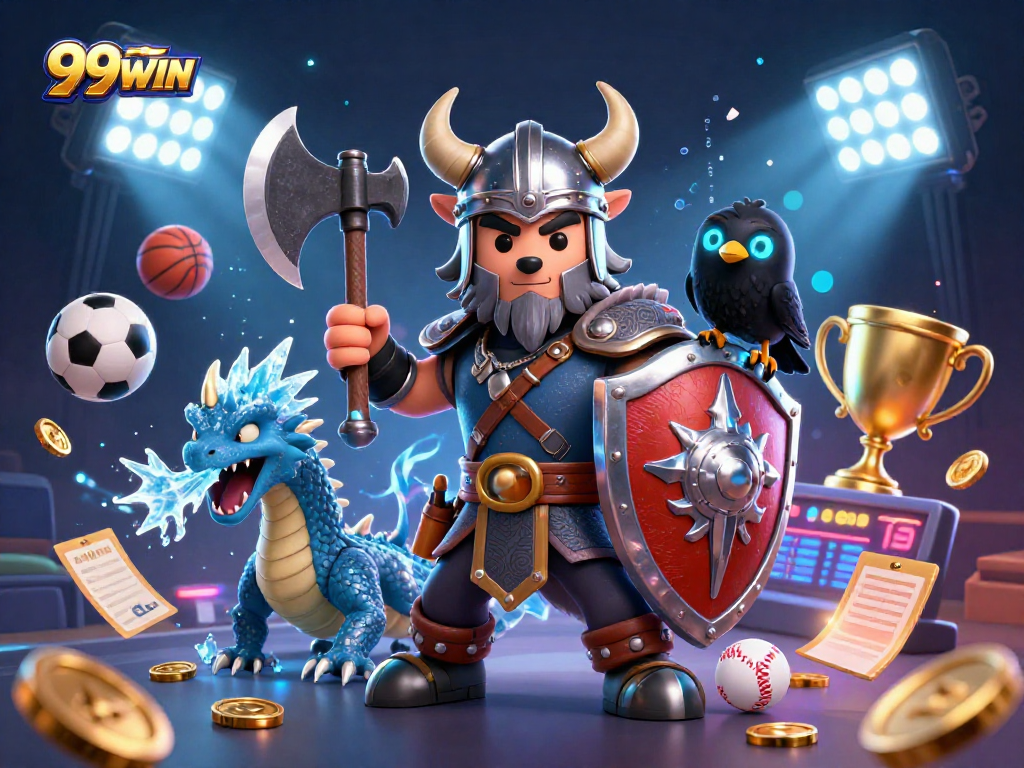 Experience thrilling gaming at 99WIN with a dynamic 3D casino scene featuring engaging characters and sports elements.