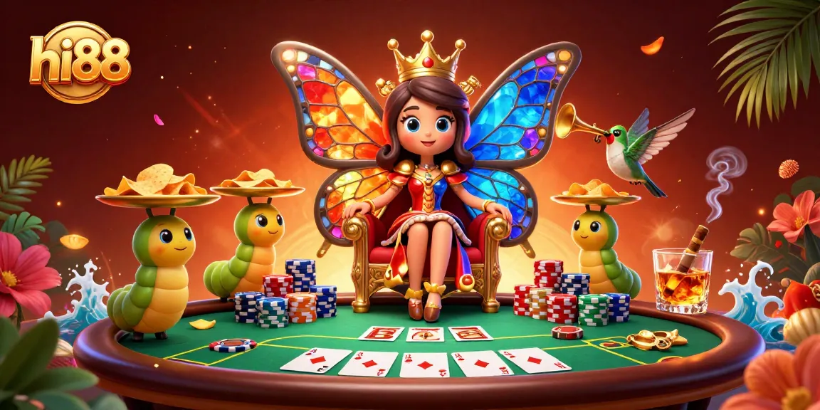 Experience lively poker and gaming action with hi88's vibrant illustration featuring a butterfly queen.