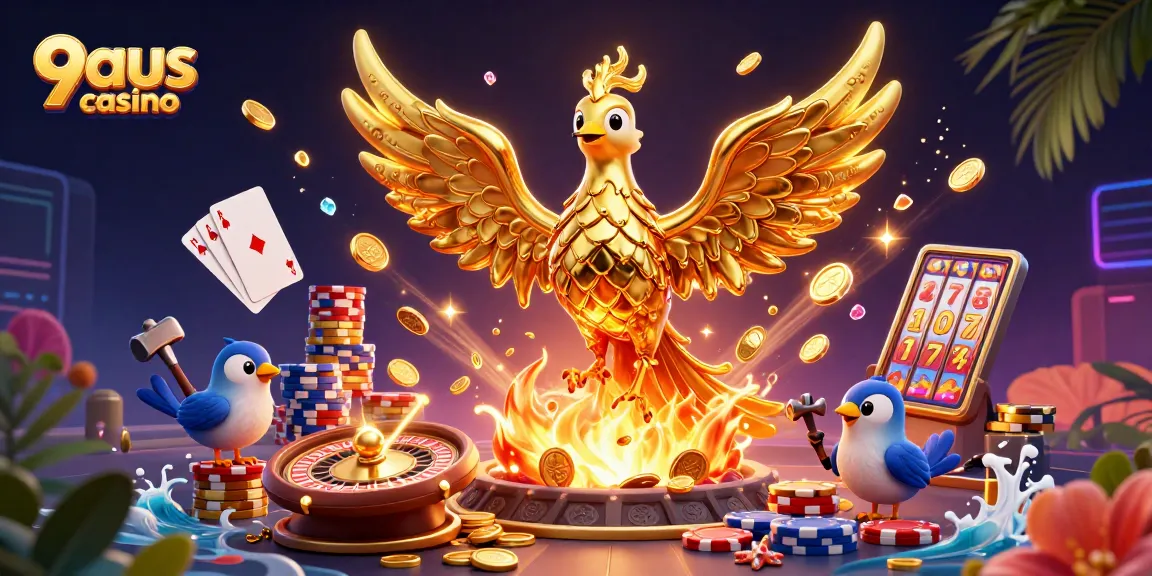 Win big at 9aus casino with an ultra-detailed 3D illustration of a golden phoenix and dynamic gaming elements.