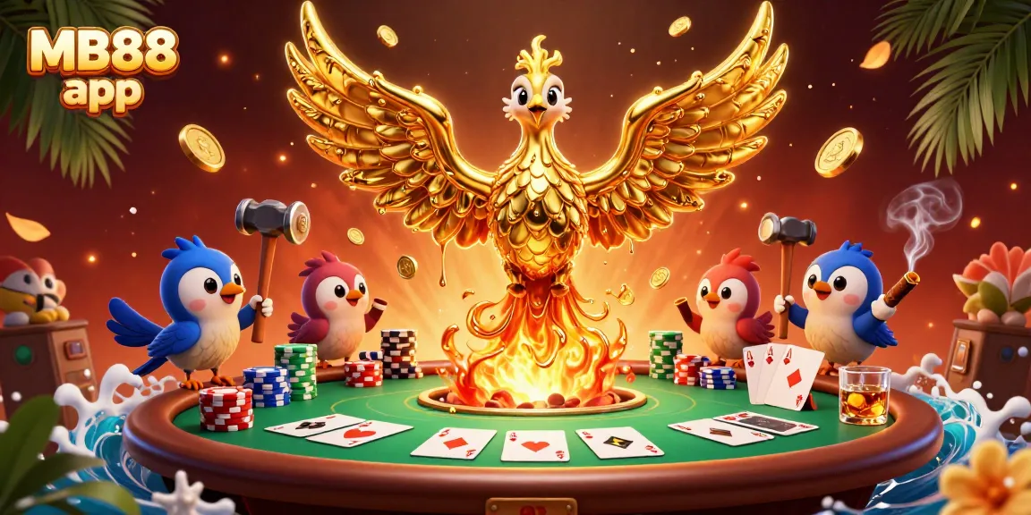 Experience the thrilling gameplay of MB88 app with a dynamic scene featuring the golden phoenix, poker elements, and vibrant casino atmosphere.