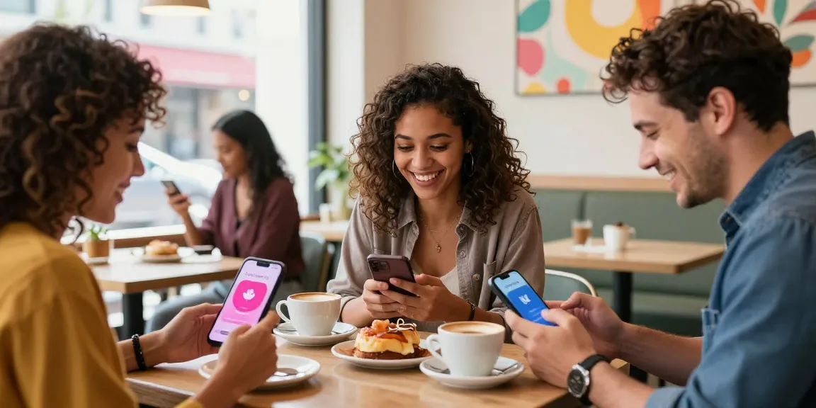 Engaged singles on the HundRoses app in a coffee shop, showcasing modern online dating.