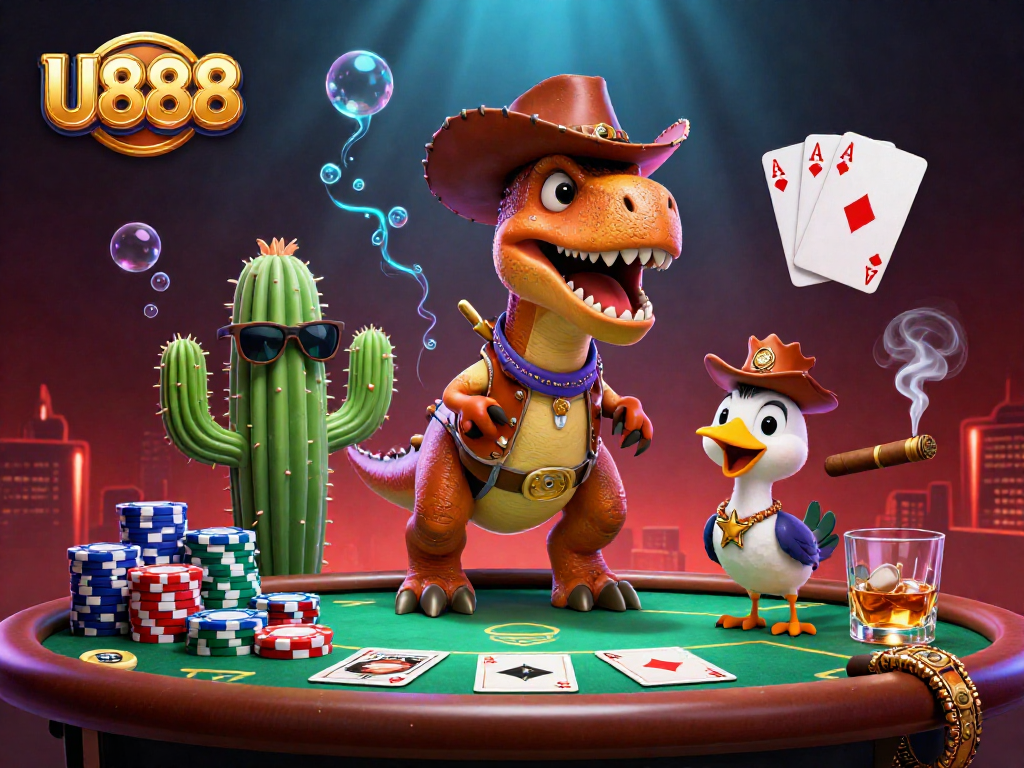 Experience U888's vibrant poker scene with a cowboy T-Rex and colorful chips in action.