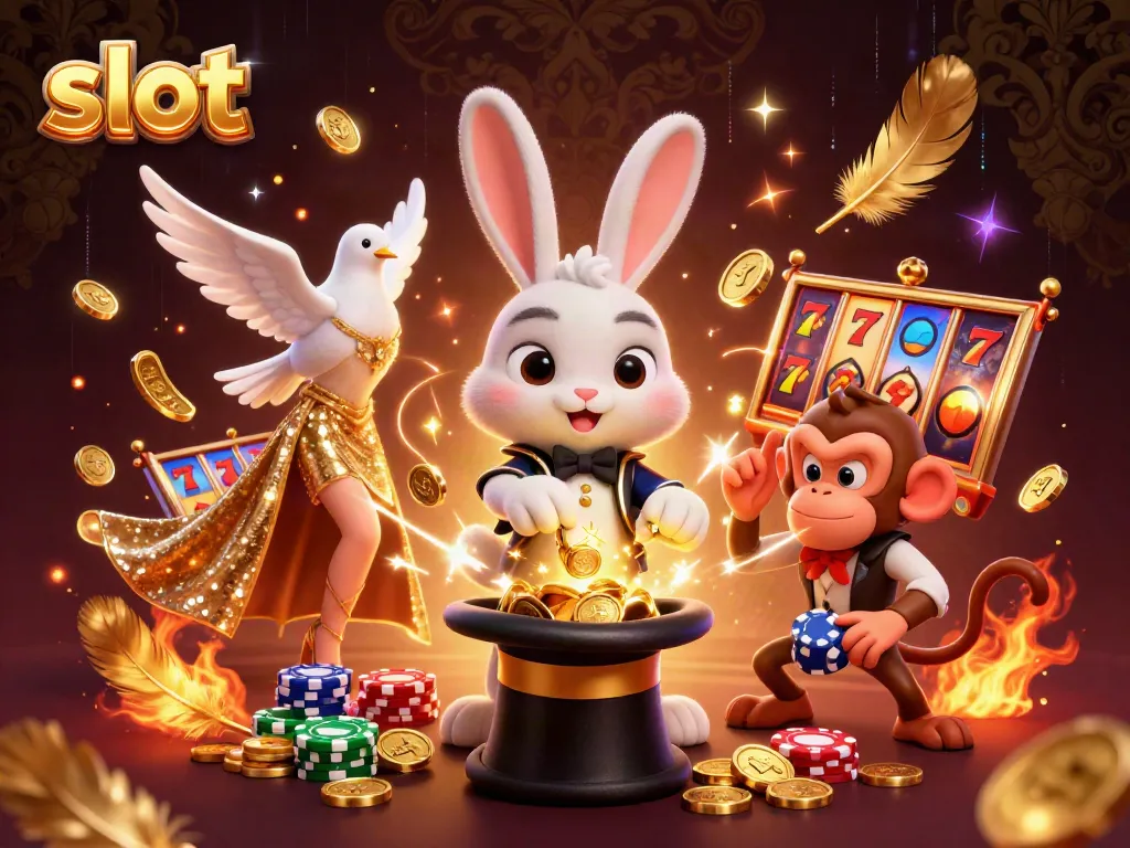 Magical scene featuring a rabbit pulling coins, slot symbols, and a monkey pickpocketing in a vibrant casino setting.