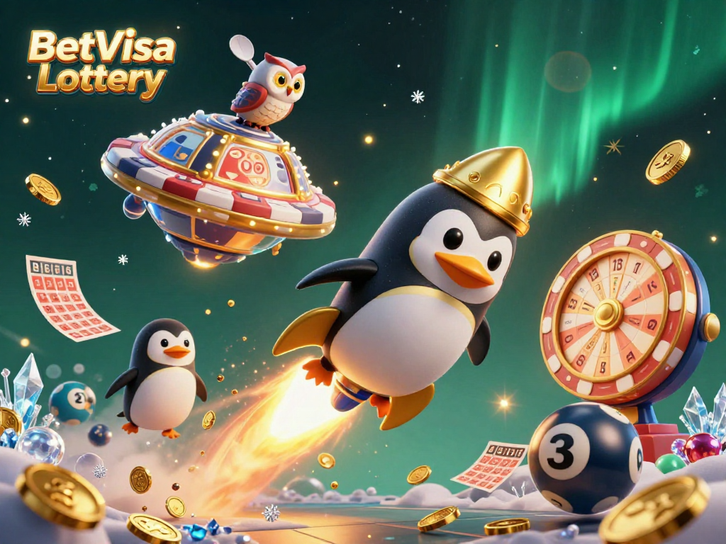 Engage in BetVisa Lottery with a colorful 3D illustration of a golden penguin and dynamic lottery elements.