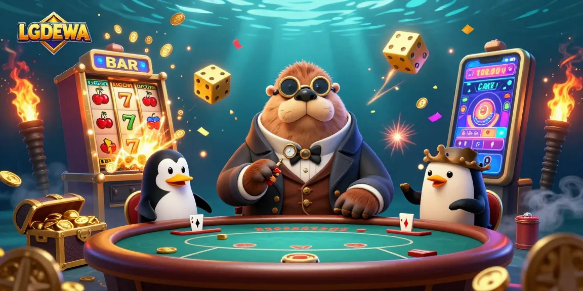 Experience the thrilling world of LGODEWA slots with a vibrant underwater casino scene full of excitement.