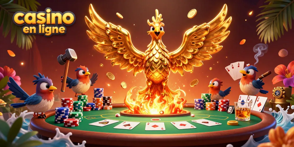 Jouer au casino en ligne avec une illustration captivante d'un phoenix doré et des jetons de poker.