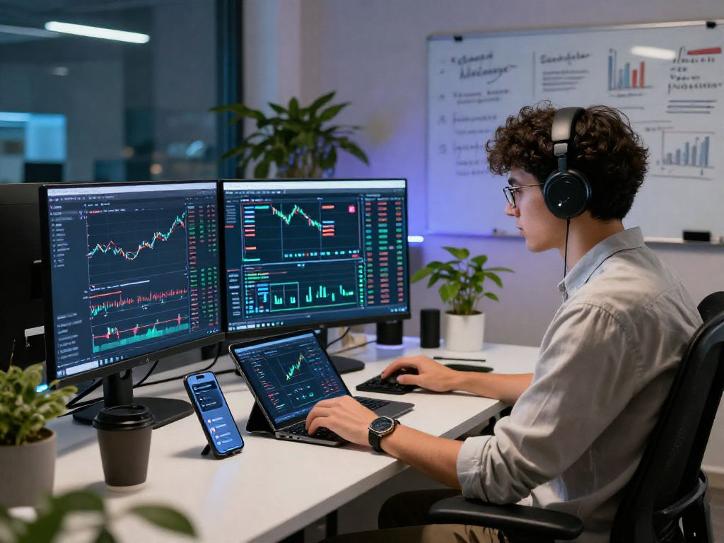 Operador en oficina moderna usando Immediate Edge para el trading de criptomonedas.