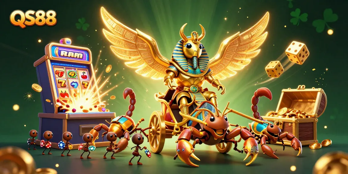 Experience the excitement of QS88 with vibrant slot machines and lively casino action in this 3D illustration.