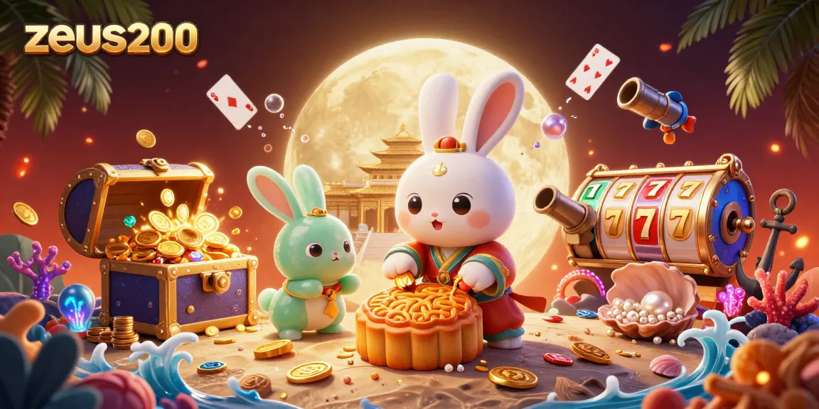 zeus200 menggambar permainan kasino dengan kelinci bulan dan karakter lainnya dalam ilustrasi ceria yang kaya warna