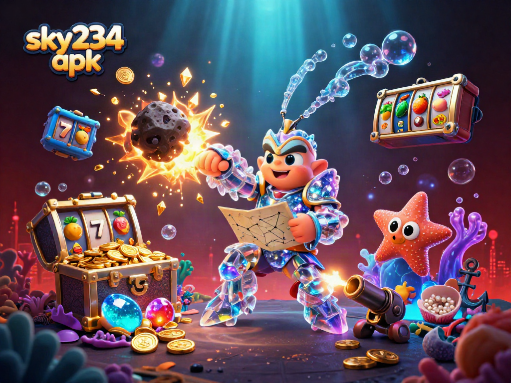 Engage in thrilling gameplay with the sky234 apk, featuring dynamic 3D illustrations of galactic characters and casino elements.