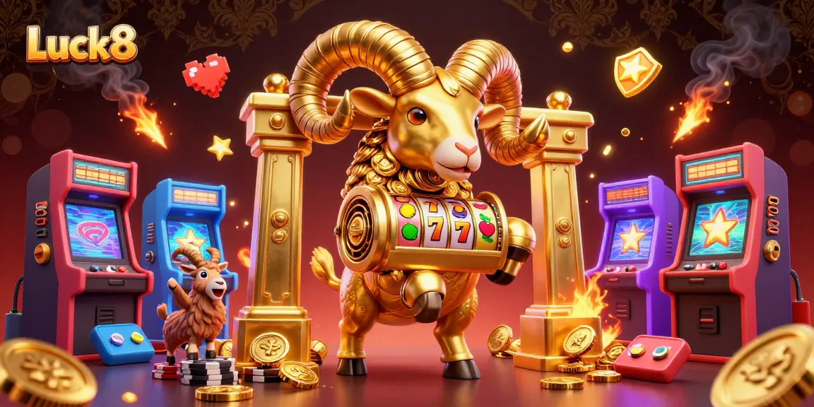 Experience the excitement of Luck8 with a 3D illustration showcasing a golden ram charging through a casino gate amidst vibrant slot symbols.
