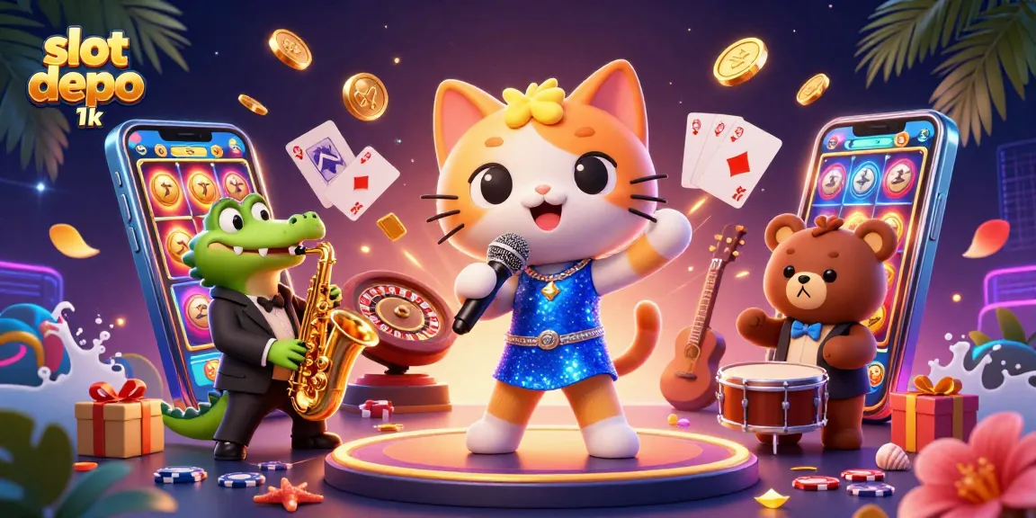 Engage with slot depo 1k action in a vibrant casino scene featuring jazz-singer cat and friends.