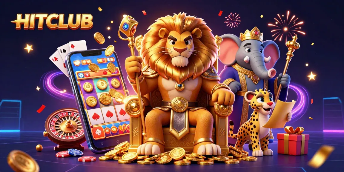 Experience the excitement at HITCLUB with a vibrant 3D illustration of a majestic lion king, showcasing thrilling slot games, coins, and playing cards.