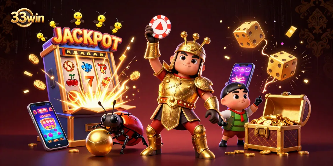 Experience big wins at 33win with a vibrant jackpot scene featuring beetles and casino elements.