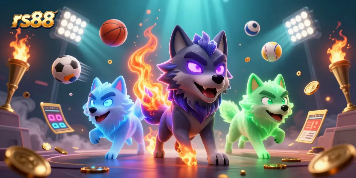 Experience the thrill of rs88 with a vibrant scene of sports betting excitement and 3D wolf characters.