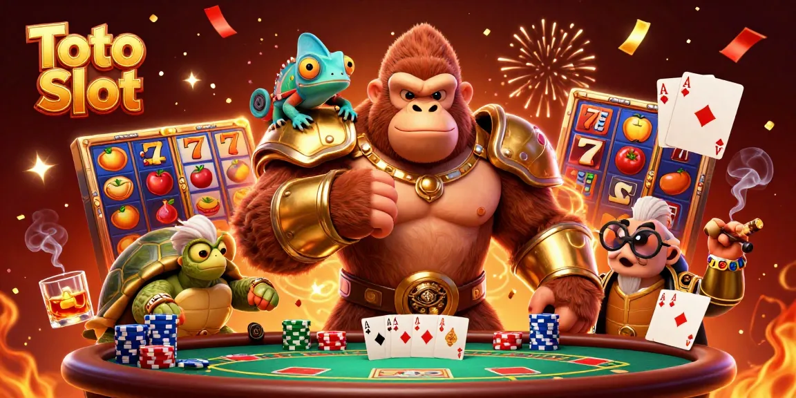 Slot Toto memiliki gambar ilustrasi 3D dengan karakter gorila, chameleon, dan kura-kura, dikelilingi elemen kasino.