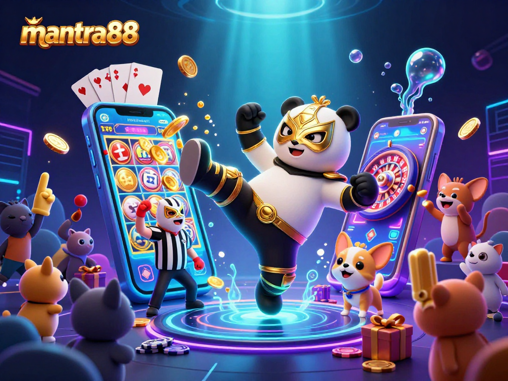 Experience thrilling spins at mantra88 with vibrant cartoon characters, golden coins, and dynamic slot games!