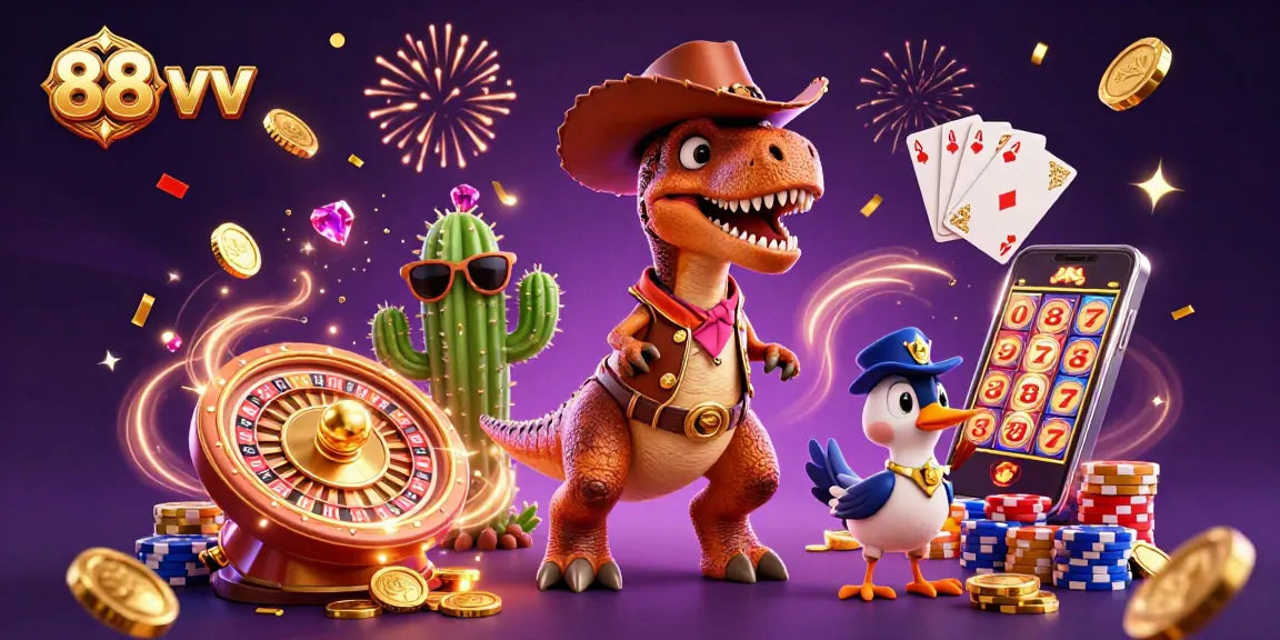 Experience thrilling casino action with 88 vv, featuring a T-Rex, cactus, and roadrunner.
